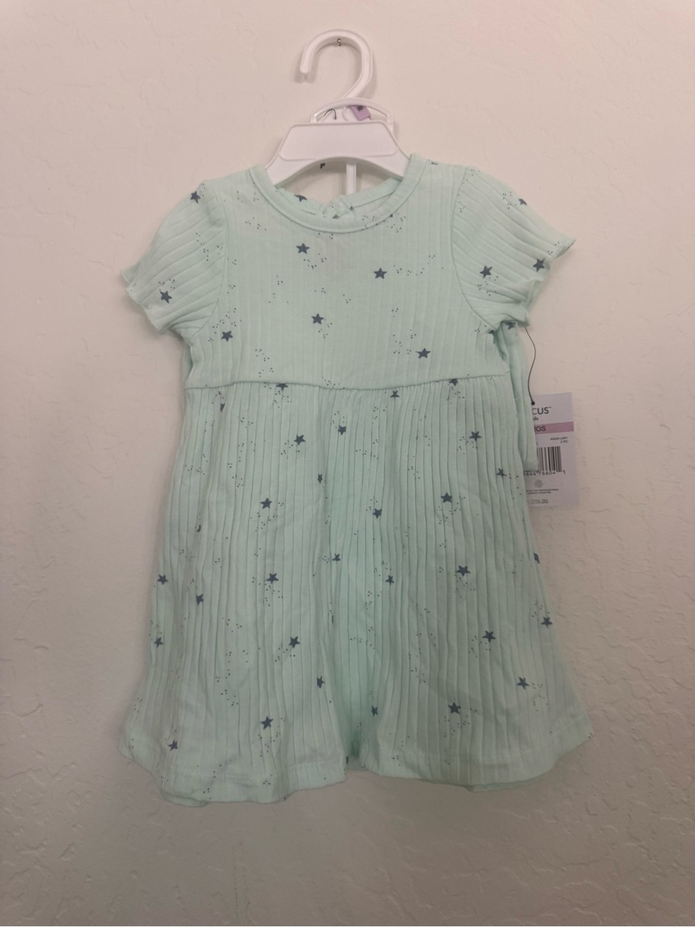 Kids Mint Star Ribbed Cotton Dress - Short Sleeve